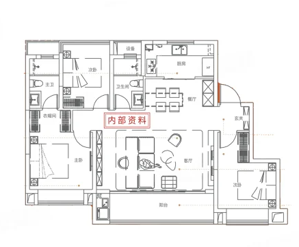  3室2厅2卫 124㎡户型图