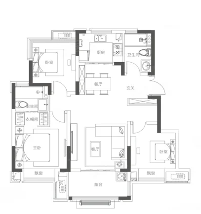  3室2厅2卫 95㎡户型图