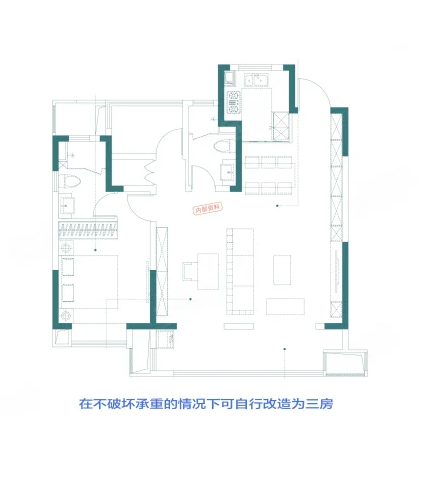  1室2厅2卫 105㎡户型图
