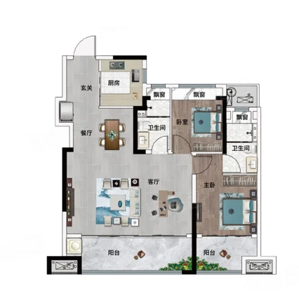  2室2厅2卫 109㎡户型图