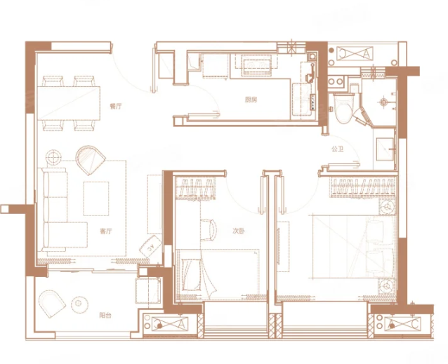  2室2厅1卫 74㎡户型图