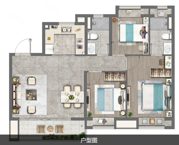  3室2厅2卫 104㎡户型图