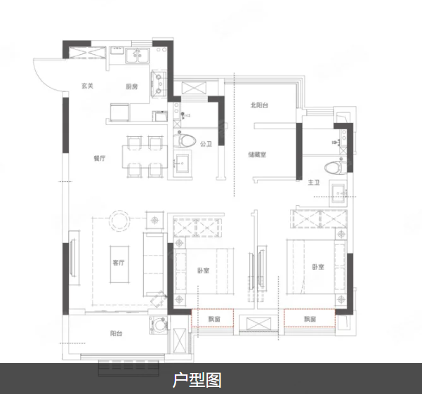  2室2厅2卫 105㎡户型图