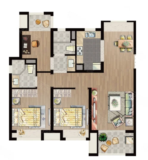  3室2厅2卫 88㎡户型图