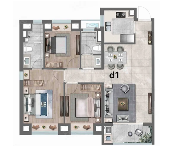  3室2厅2卫 102㎡户型图