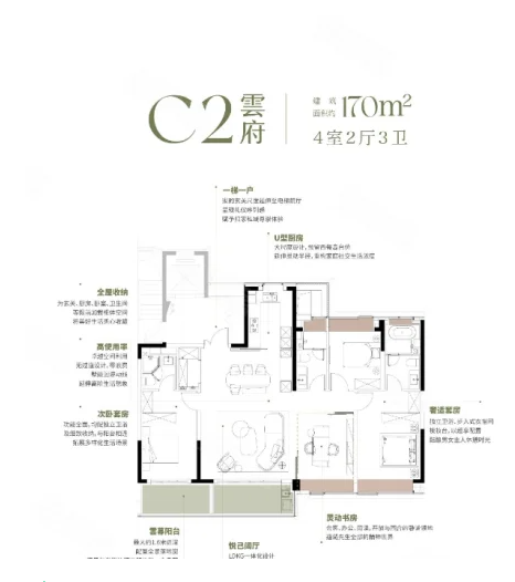  4室2厅3卫 170㎡户型图
