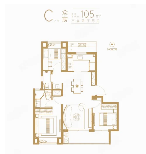  3室2厅2卫 105㎡户型图
