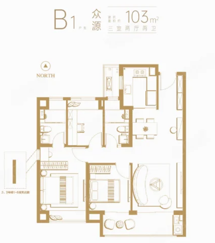  3室2厅2卫 103㎡户型图