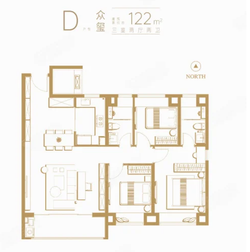  3室2厅2卫 122㎡户型图