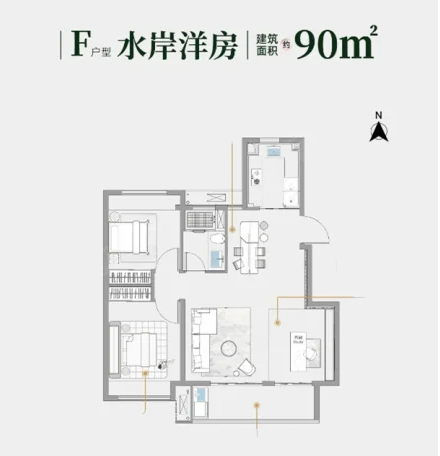  2室2厅1卫 90㎡户型图