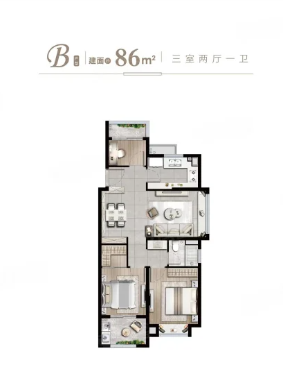  3室2厅1卫 86㎡户型图