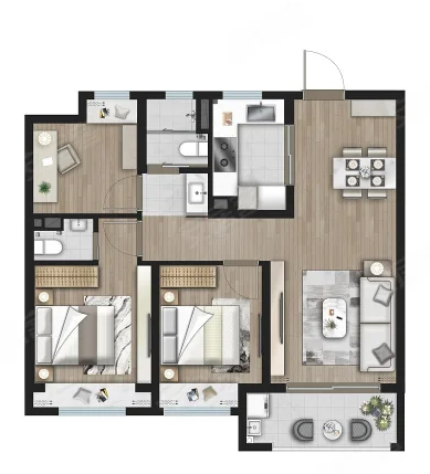  3室2厅2卫 89㎡户型图