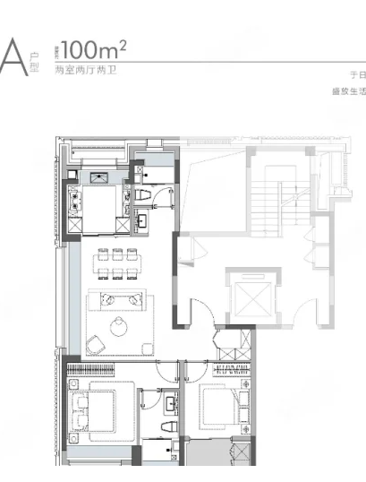  2室1厅2卫 100㎡户型图