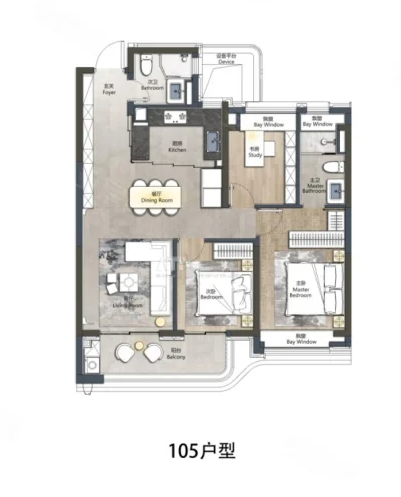  3室2厅2卫 105㎡户型图