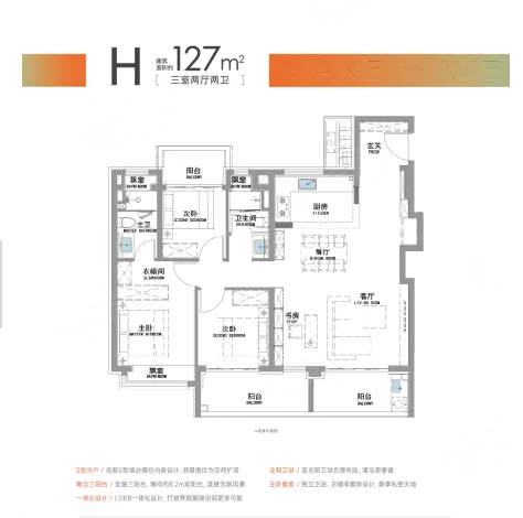  3室2厅2卫 127㎡户型图
