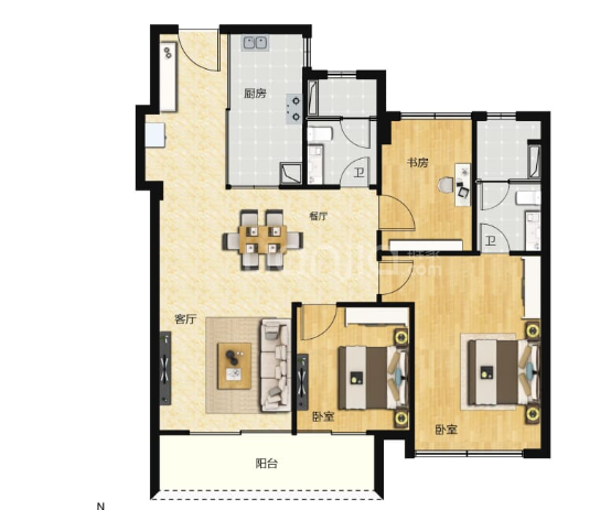  3室2厅2卫 108㎡户型图