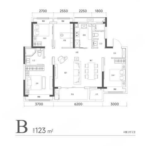  4室2厅2卫 124㎡户型图