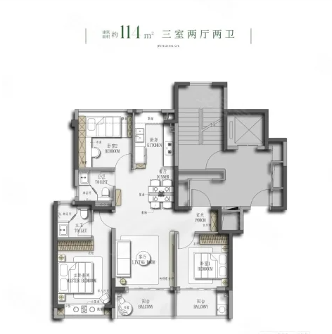  3室2厅2卫 114㎡户型图