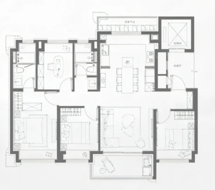  4室2厅2卫 120㎡户型图