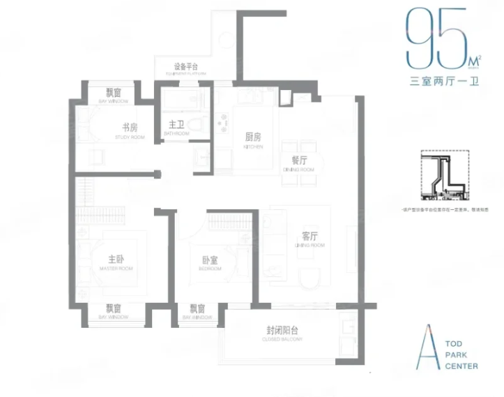  3室2厅1卫 95㎡户型图