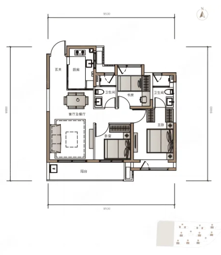  3室2厅2卫 89㎡户型图