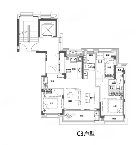  3室2厅2卫 100㎡户型图