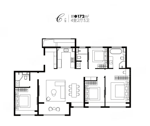  4室2厅3卫 172㎡户型图