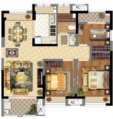  3室2厅1卫 88㎡户型图