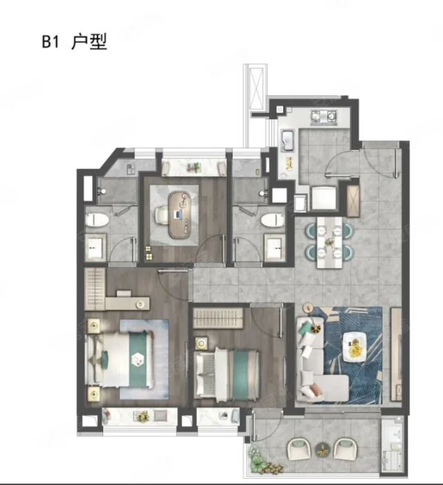  3室2厅2卫 99㎡户型图