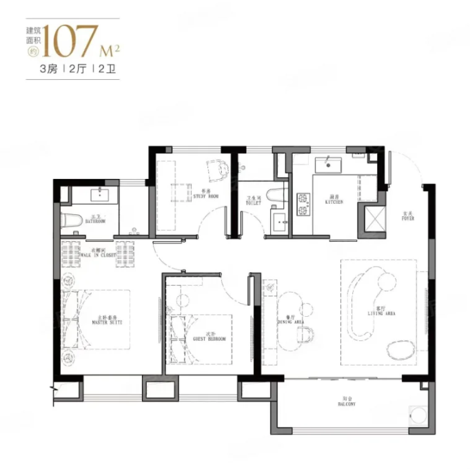  3室2厅2卫 107㎡户型图