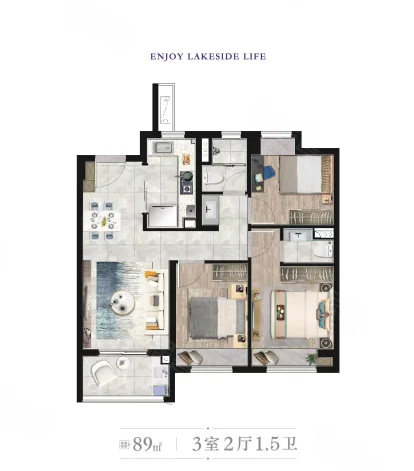  3室2厅2卫 89㎡户型图
