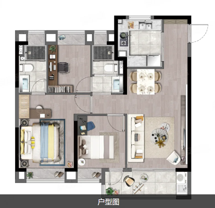  3室2厅2卫 98㎡户型图