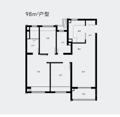  3室2厅2卫 98㎡户型图