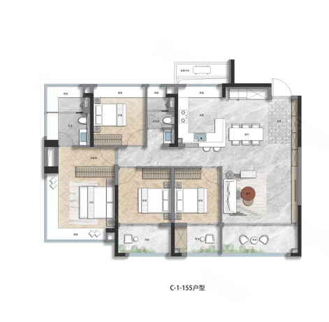  4室2厅2卫 155㎡户型图