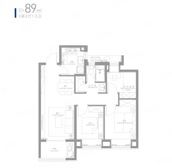  3室2厅2卫 89㎡户型图