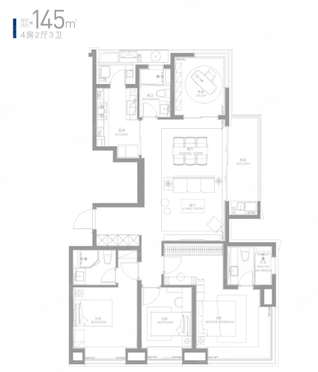  4室2厅3卫 145㎡户型图