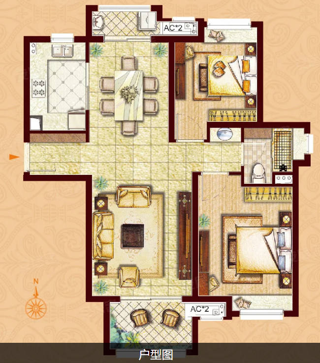  3室2厅2卫 92㎡户型图