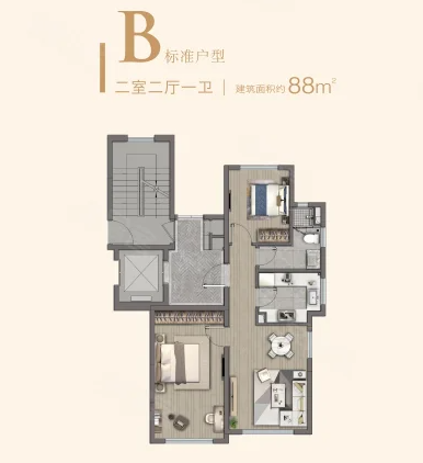  2室2厅1卫 88㎡户型图