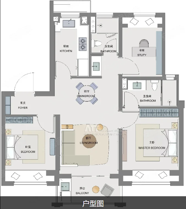  3室2厅2卫 92㎡户型图
