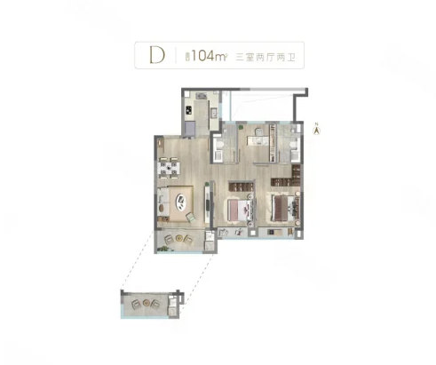  3室2厅2卫 104㎡户型图