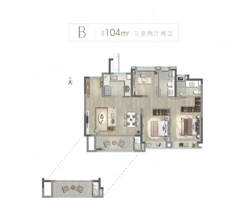  3室2厅2卫 104㎡户型图