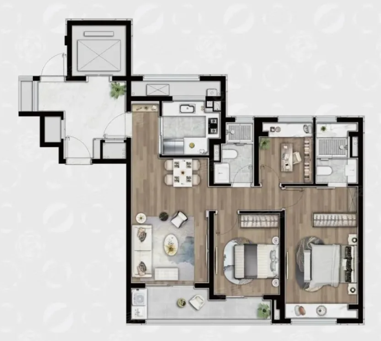  3室2厅2卫 98㎡户型图