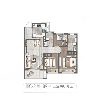  3室2厅2卫 89㎡户型图