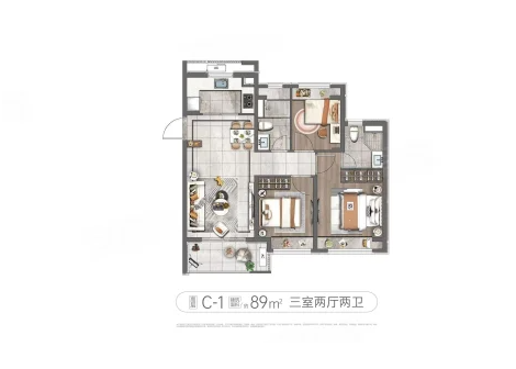 3室2厅2卫 89㎡户型图