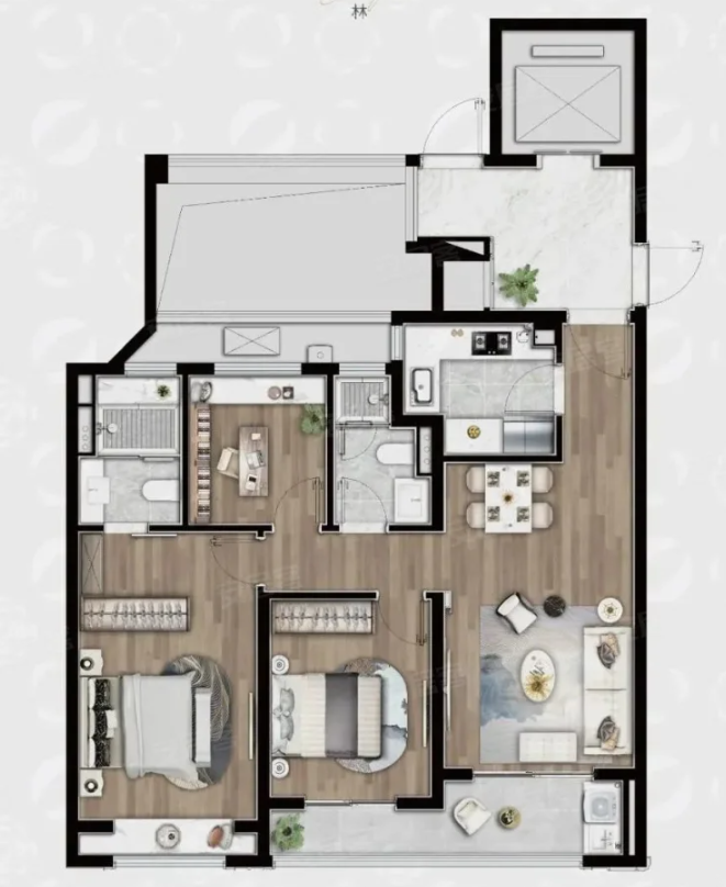  3室2厅2卫 98㎡户型图