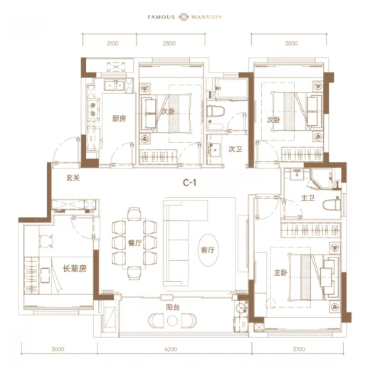  4室2厅2卫 129㎡户型图