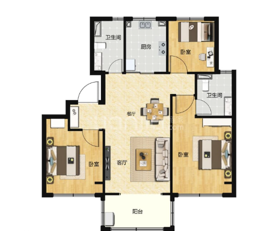  3室2厅2卫 96㎡户型图