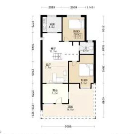  2室2厅1卫 77㎡户型图