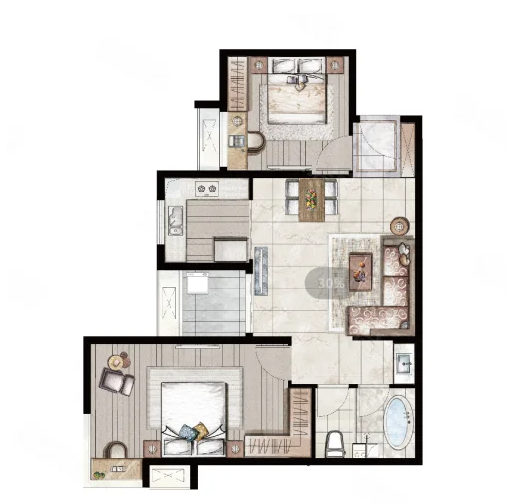  2室2厅1卫 89㎡户型图