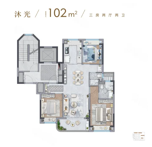  3室2厅2卫 102㎡户型图